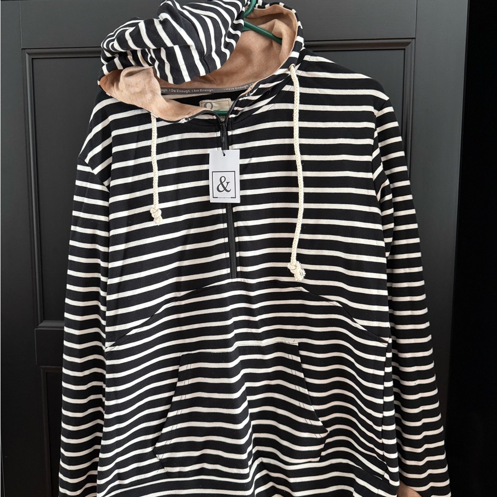 AMPERSAND AVE Black and White Striped Women's Hoodie with brown polka dot patch